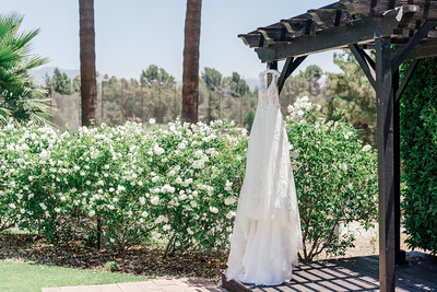 Wedding dress handing gently on the wedding arch flowing in the slight breeze